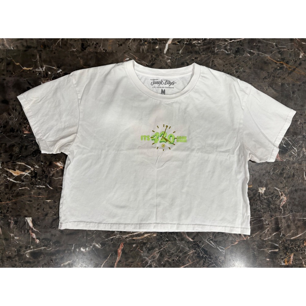 Jungle Boys Its 420 Somewhere Graphic Crop Top White Short Sleeve Womens Medium